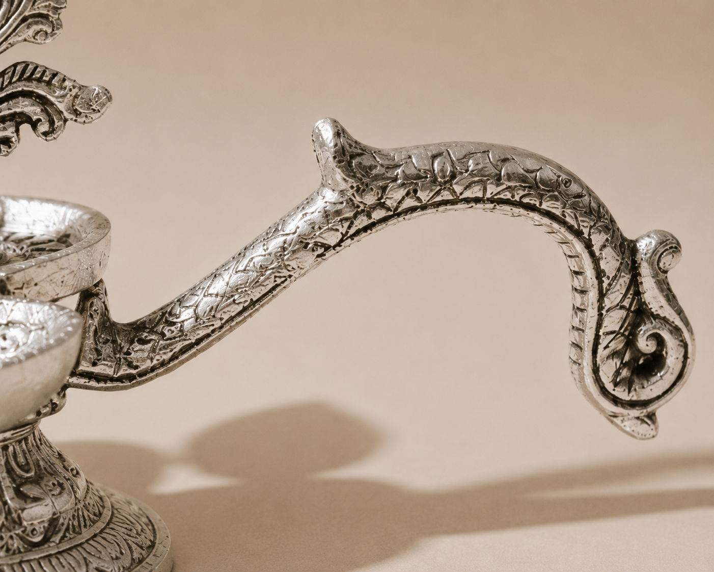 Silver Peacock Panchmukhi Diya with Decorative Handle