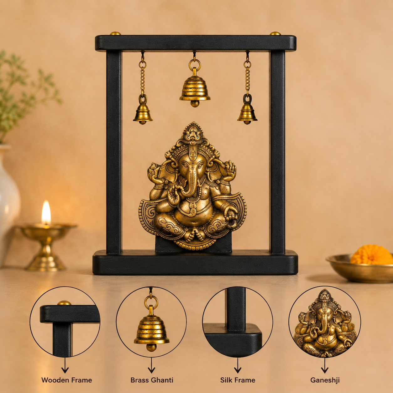 Lord Ganesha Hanging Bell Wooden Frame