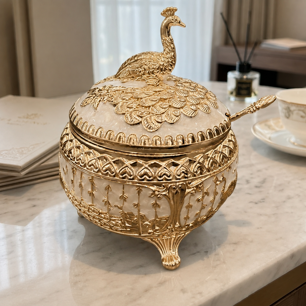 Premium Gold-Tone Peacock Decorative Serving Bowl with Lid & Spoon
