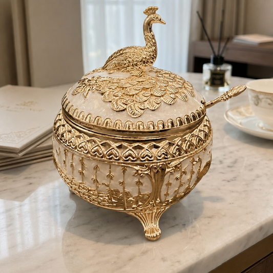 Premium Gold-Tone Peacock Decorative Serving Bowl with Lid & Spoon