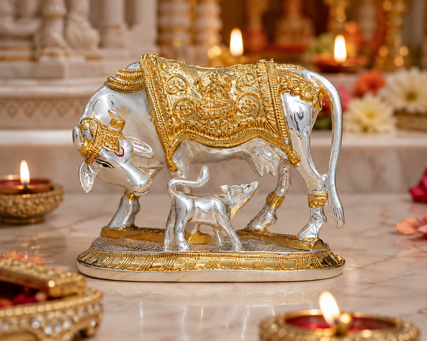 Kamdhenu Cow & Calf Gold Plated Idol