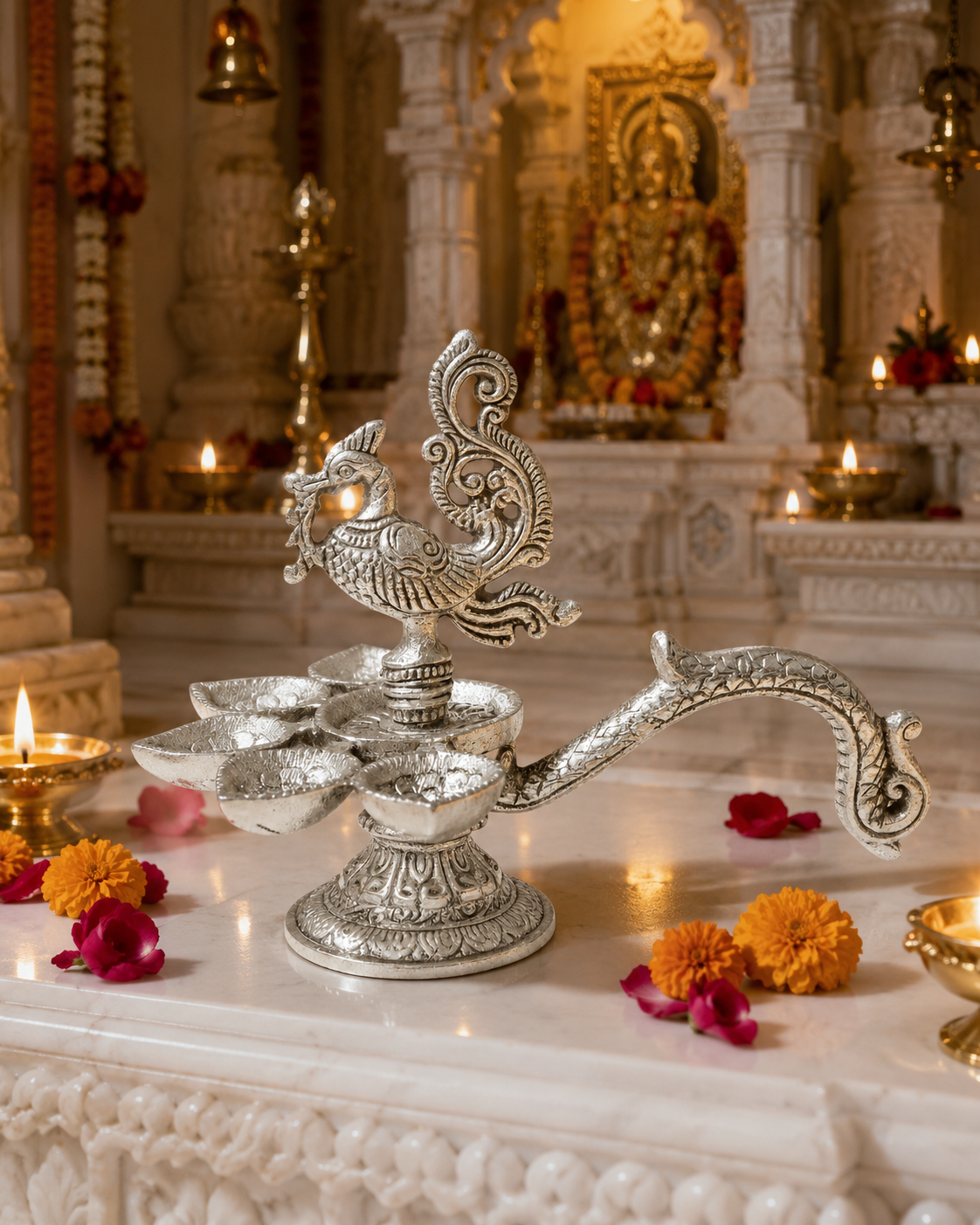 Silver Peacock Panchmukhi Diya with Decorative Handle