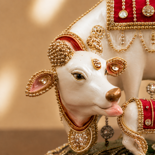 Kamdhenu Cow Idol Royal Pearl Decorative with Cabinet