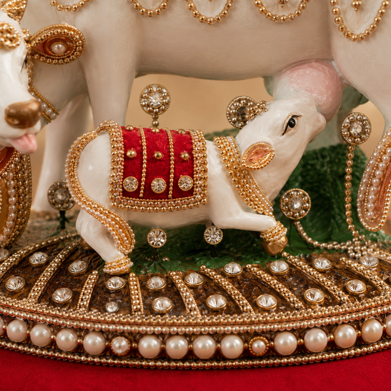 Kamdhenu Cow Idol Royal Pearl Decorative with Cabinet