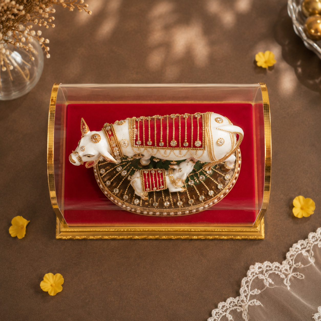 Kamdhenu Cow Idol Royal Pearl Decorative with Cabinet