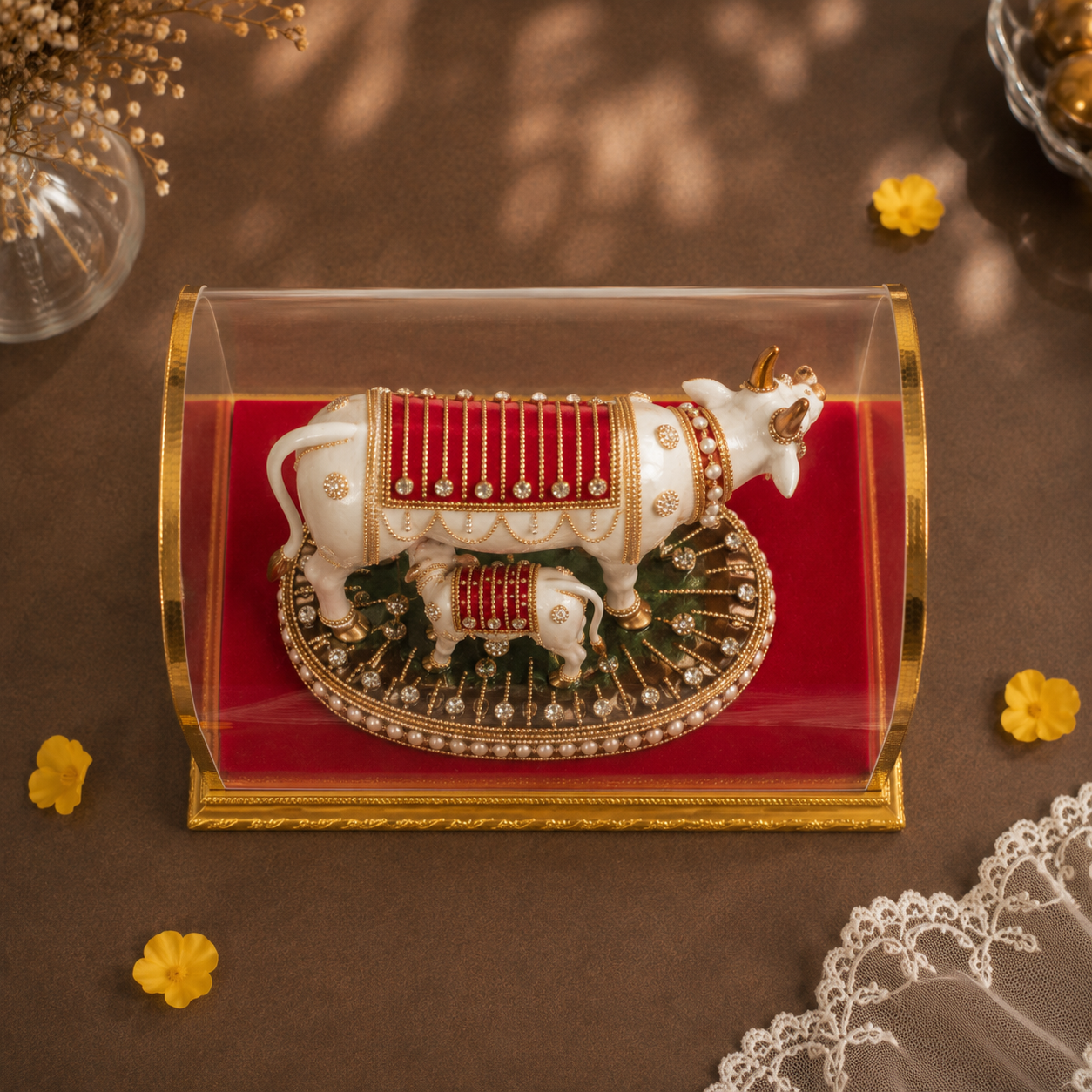 Kamdhenu Cow Idol Royal Pearl Decorative with Cabinet