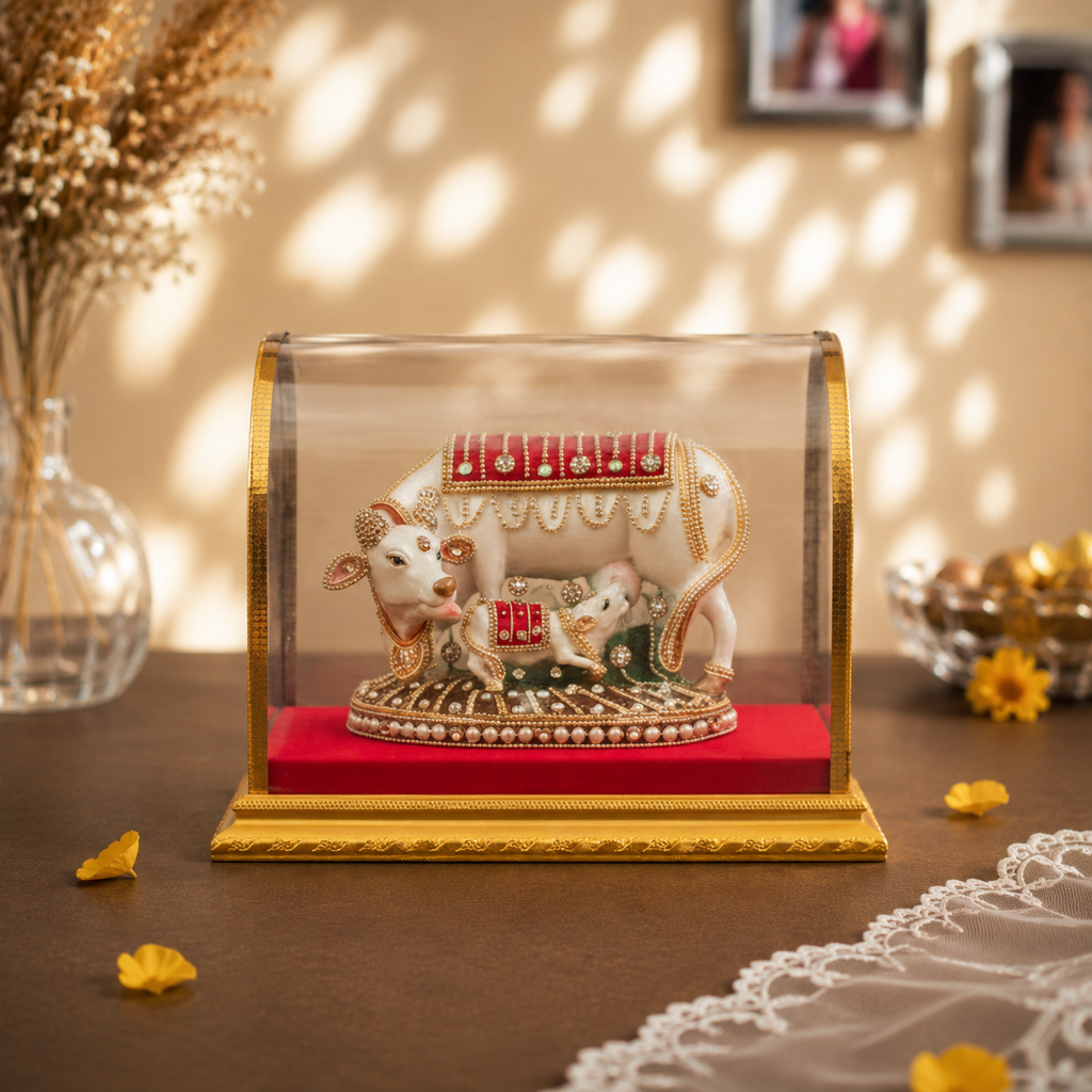 Kamdhenu Cow Idol Royal Pearl Decorative with Cabinet