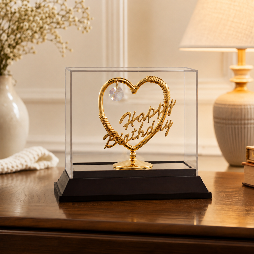 Premium Gold Finish Happy Birthday Heart Showpiece with Crystal Accent & Display Case