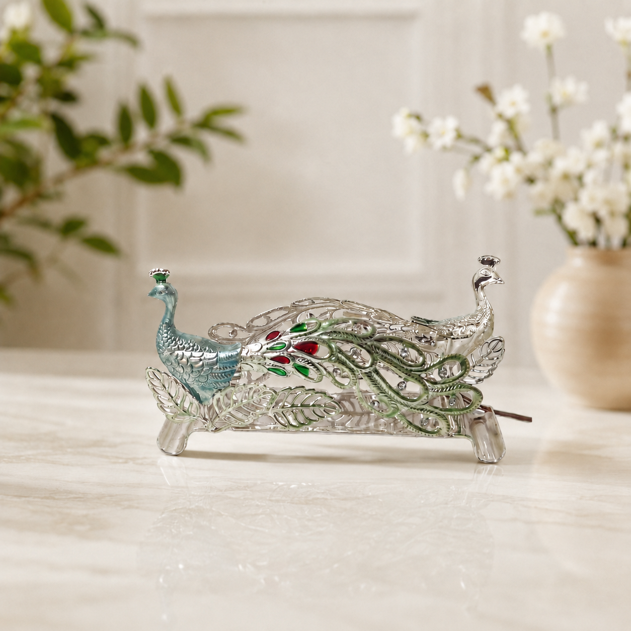 Silver-Tone Double Peacock Decorative Showpiece with Red & Green Stone Accents