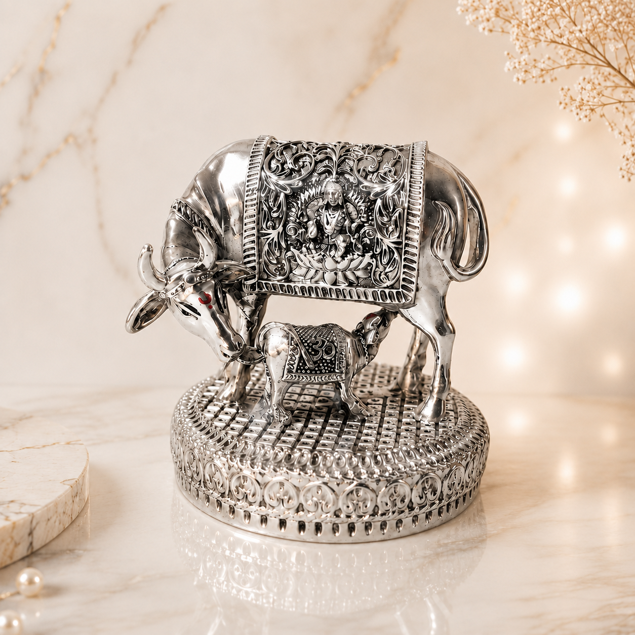 Kamdhenu Cow & Calf Silver Plated Idol