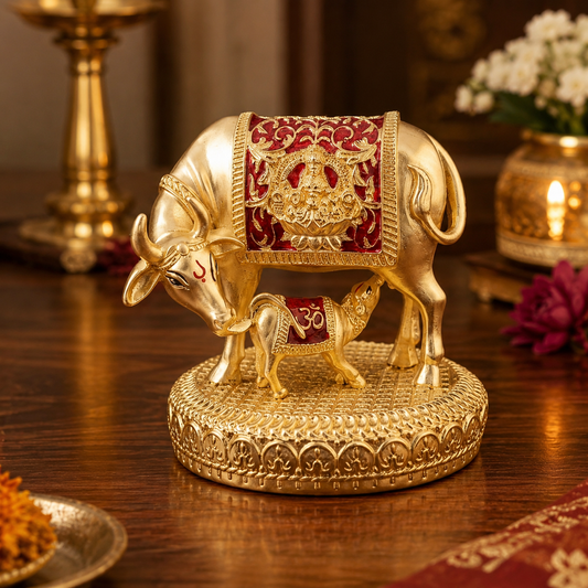 Kamdhenu Cow & Calf Gold Plated Idol with Red Enamel Finish
