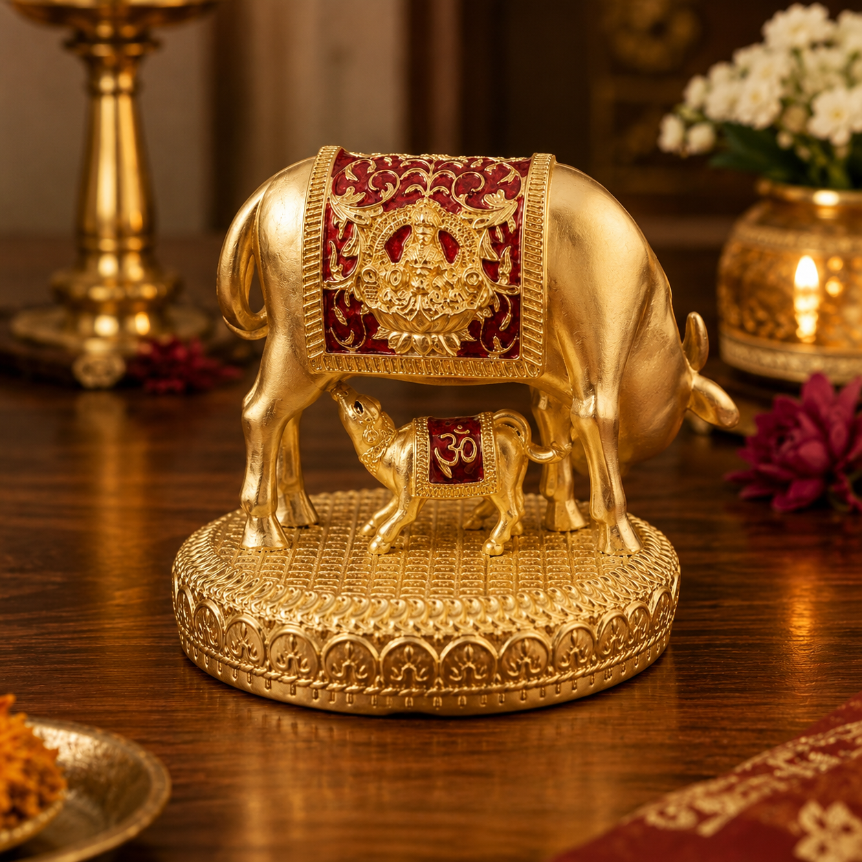 Kamdhenu Cow & Calf Gold Plated Idol with Red Enamel Finish