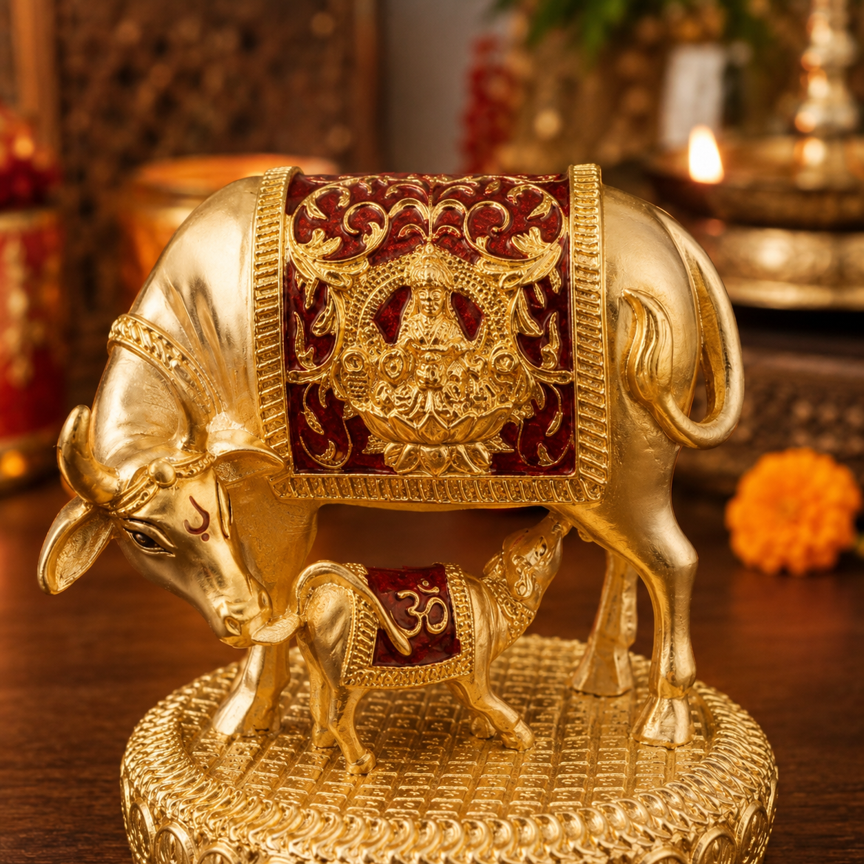 Kamdhenu Cow & Calf Gold Plated Idol with Red Enamel Finish
