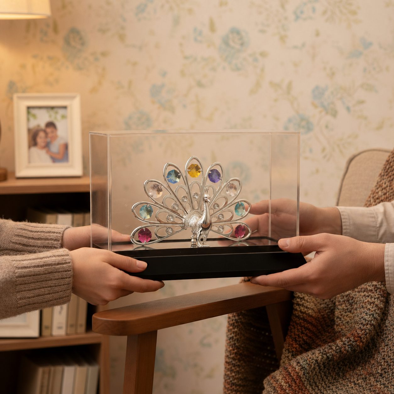 Royal Silver Crystal Peacock Decorative Showpiece with Premium Display Case