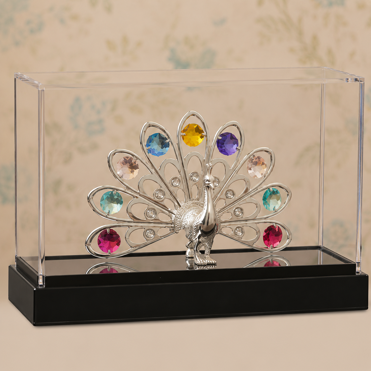 Royal Silver Crystal Peacock Decorative Showpiece with Premium Display Case