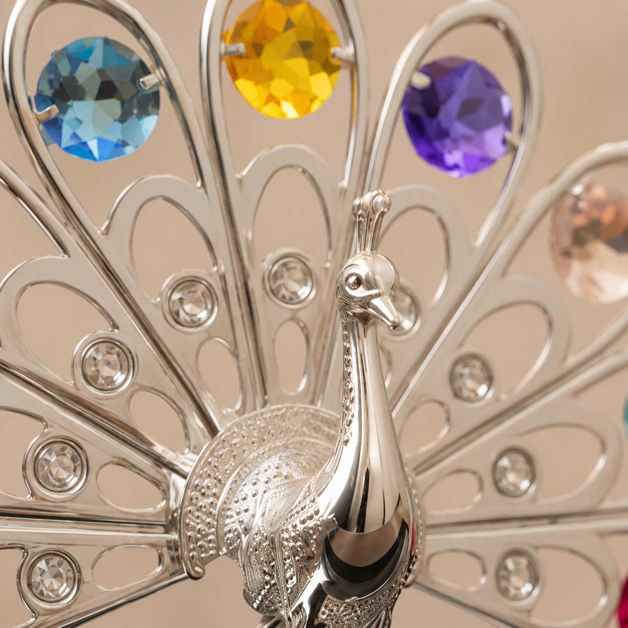 Royal Silver Crystal Peacock Decorative Showpiece with Premium Display Case