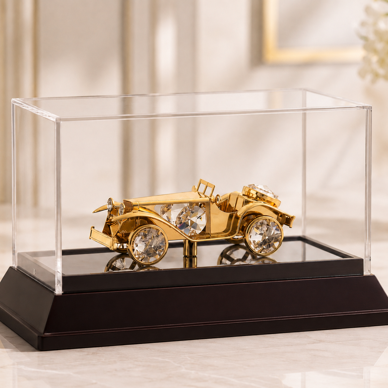 24K Gold-Plated Crystal Vintage Car Showpiece with Acrylic Display Case