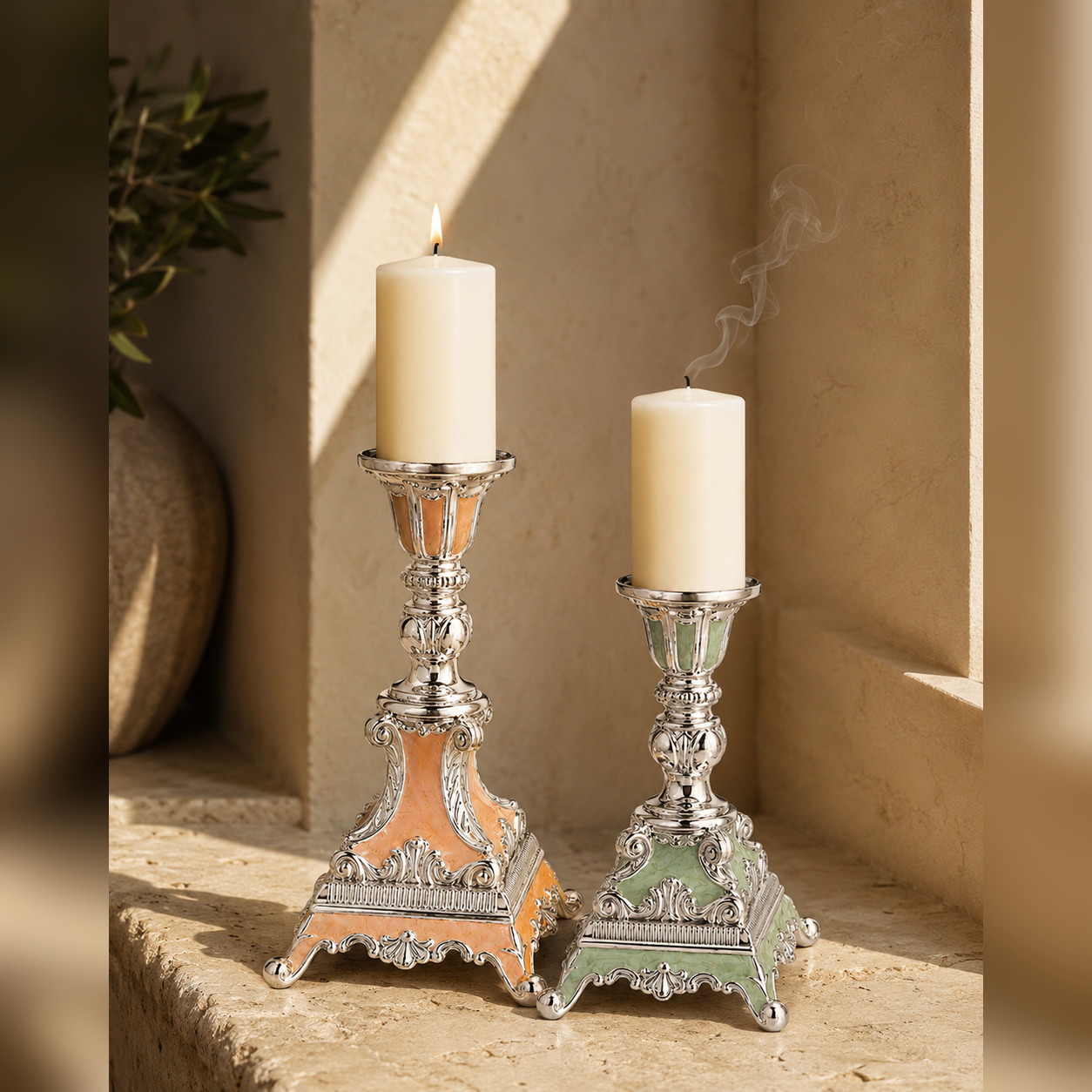 German Silver Enamel Candle Holder Set