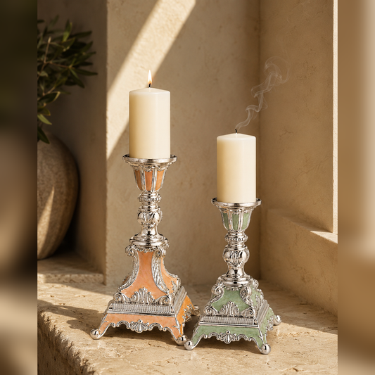 German Silver Enamel Candle Holder Set