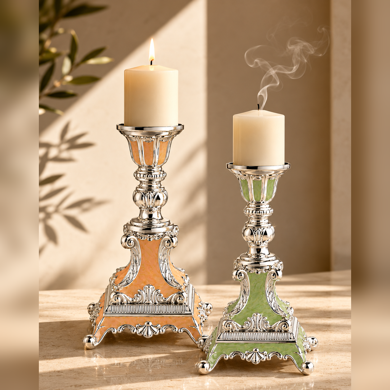 German Silver Enamel Candle Holder Set