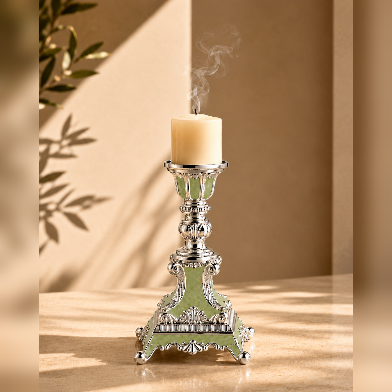 German Silver Enamel Candle Holder Set