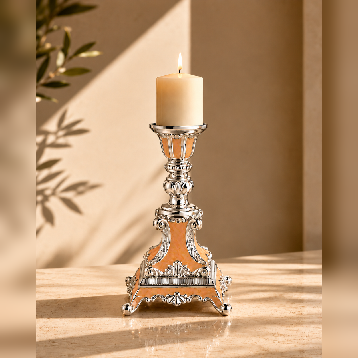 German Silver Enamel Candle Holder Set