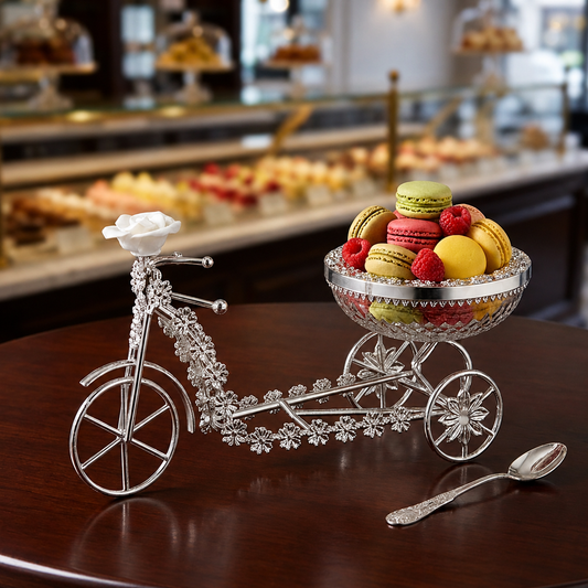 Premium Silver-Tone Decorative Cycle Dry Fruit Bowl with Rose Design