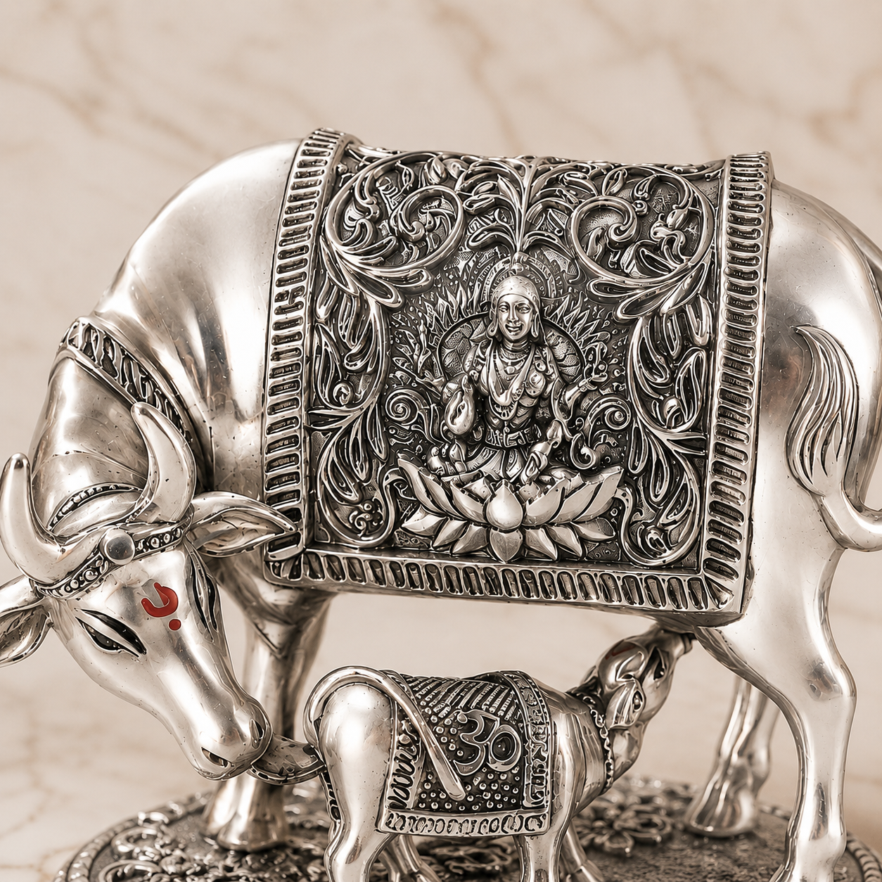 Kamdhenu Cow & Calf Silver Plated Idol