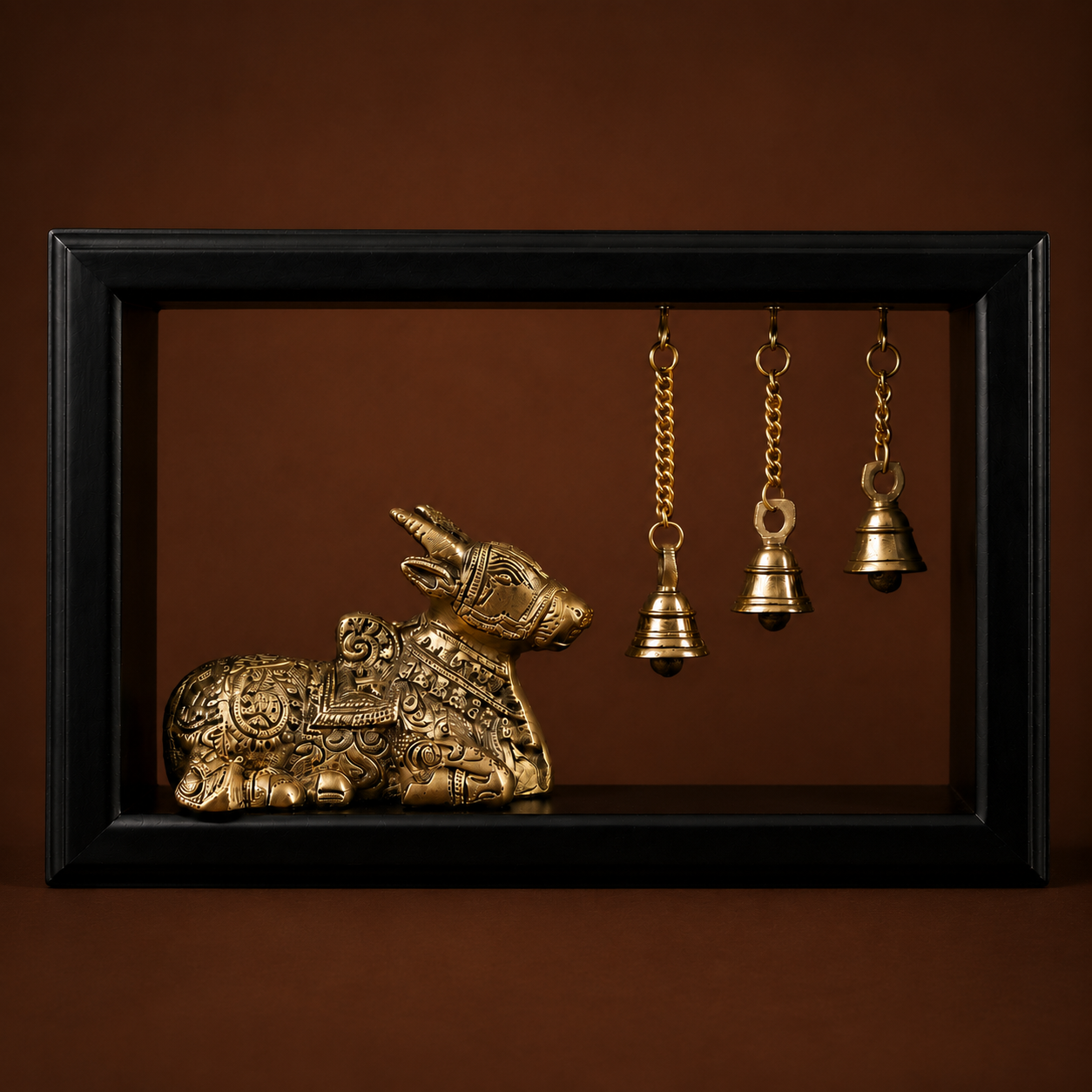 Nandi Brass Idol with Hanging Temple Bells Wooden Frame