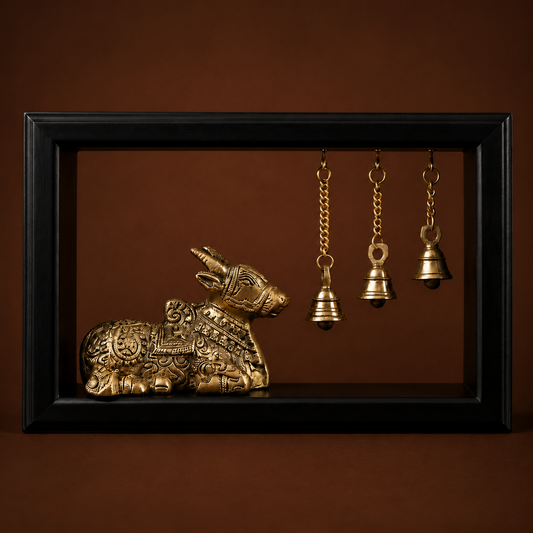 Nandi Brass Idol with Hanging Temple Bells Wooden Frame