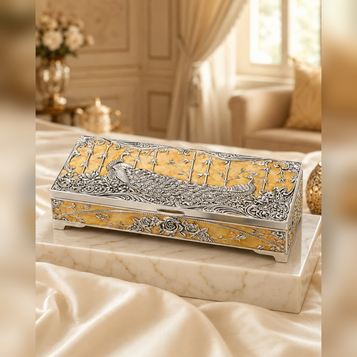 German Silver Peacock Enamel Multipurpose Storage Box