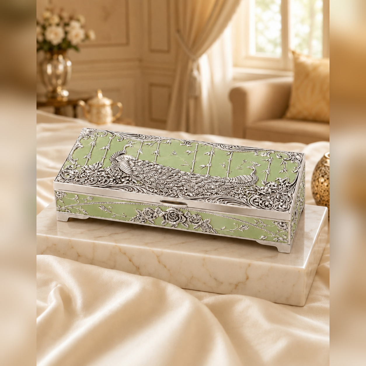 German Silver Peacock Enamel Multipurpose Storage Box